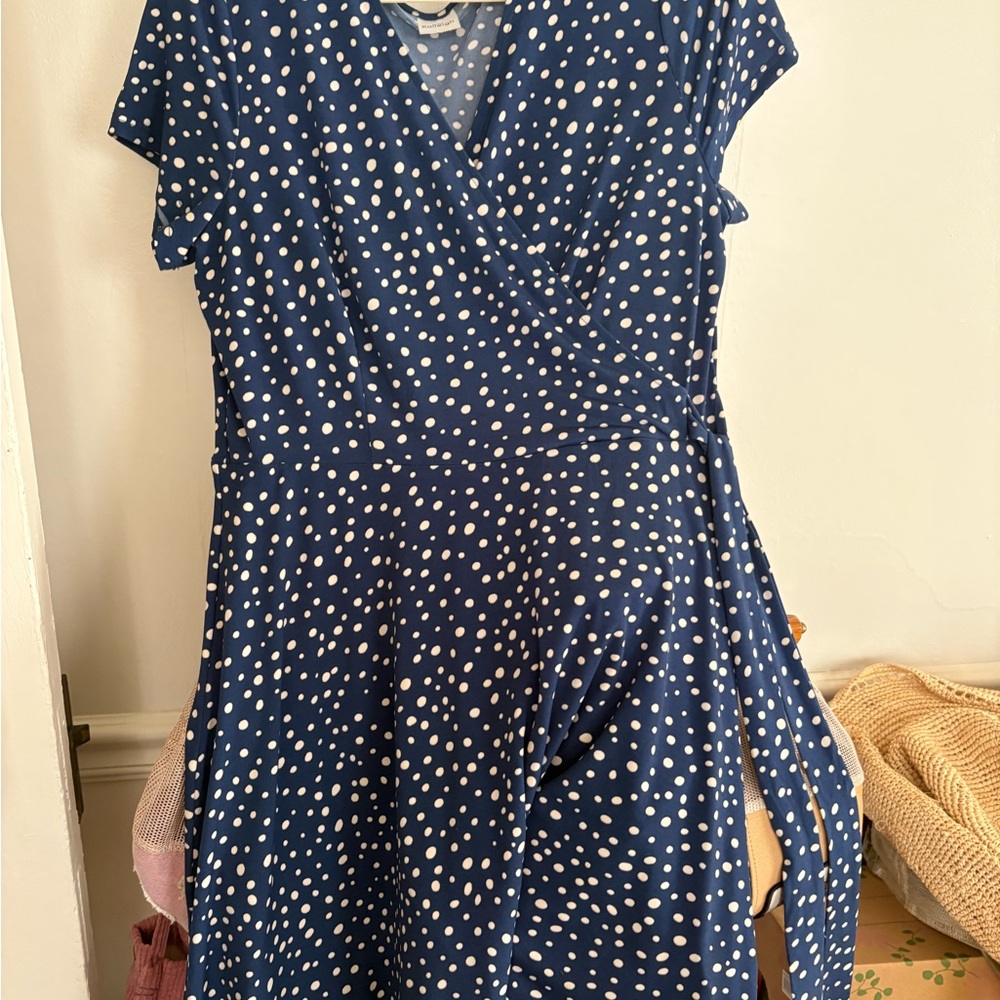 Kaileigh Navy and White Polka Dot Wrap Midi Dress
